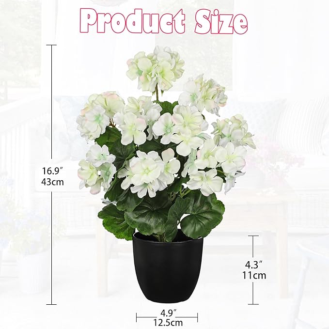 Briful 17” Geraniums Artificial Flowers Realistic Potted Plant – White Fake Geraniums for Outdoors, Silk Flowers Artificial Outdoor Plants for Indoor Home Decor, Farmhouse Table Centerpiece Decoration