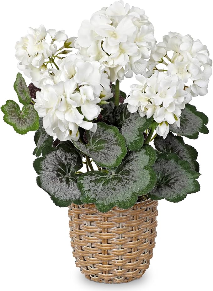 Briful Artificial White Geranium Flowers in Woven Basket, 14.5’’ Tall Silk Flower Arrangement, Realistic Geraniums Artificial Outdoor Plants for Home Indoor Farmhouse Table Wedding Centerpiece Decor