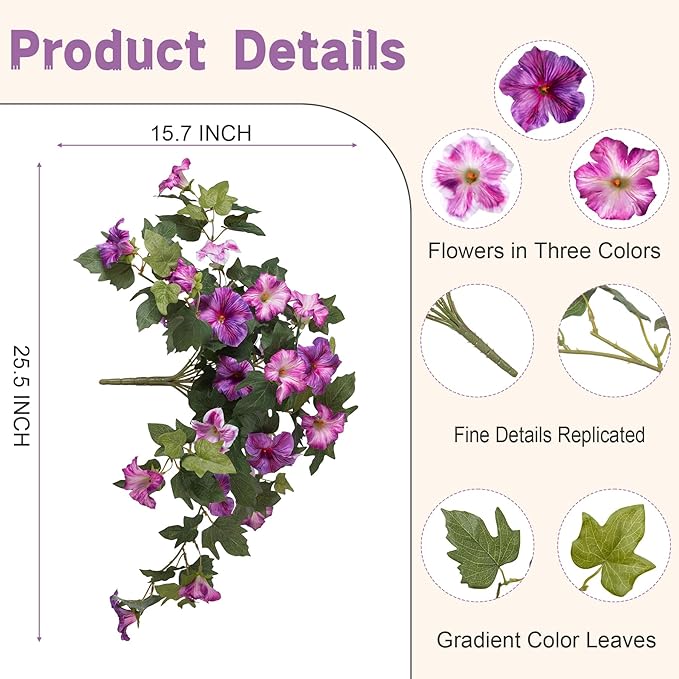 VGNQA 2PCS Artificial Petunia Flowers for Outdoors, Fake Flowers for Outdoor Planters UV Resistant Faux Silk Petunias for Garden Porch Yard Balcony Patio Realistic Home Kitchen Decor(Gradient Purple)
