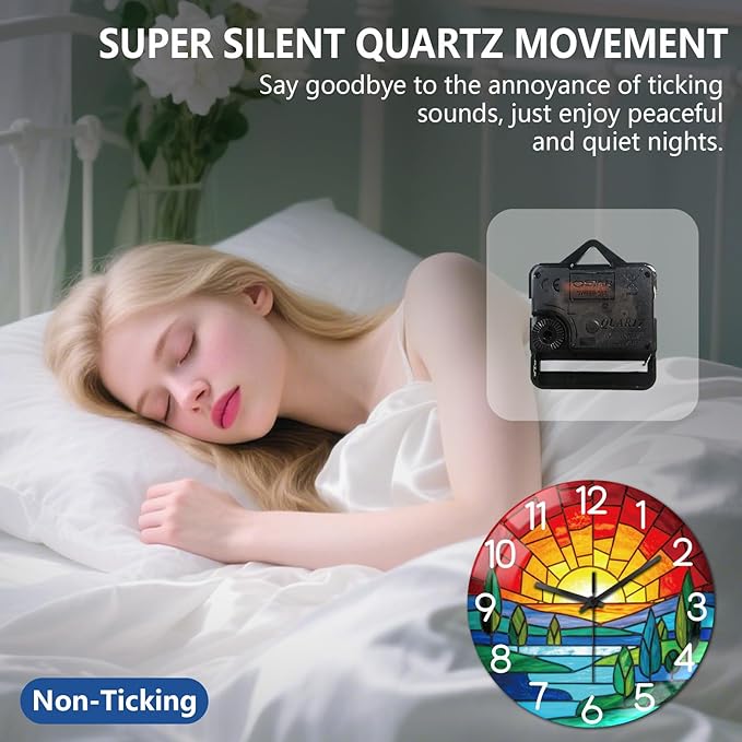 peacoblue Wall Clocks Battery Operated 12 Inch Bohemian Sunset Glass Round Wall Clock Non Ticking for Kitchen Living Room Dining Room Bedroom and Bathroom Decor Accessories (Battery not Included)