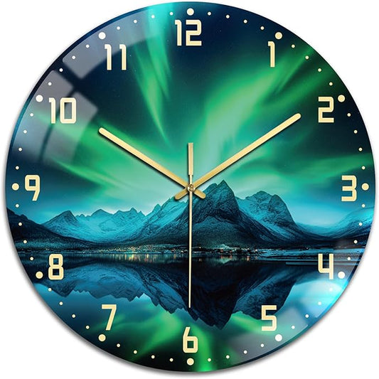 peacoblue Wall Clocks Battery Operated 12 Inch Aurora and Landscape Glass Round Wall Clock Non Ticking for Kitchen Living Room Dining Room Bedroom and Bathroom Decor (Battery not Included)