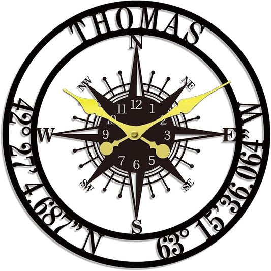 HZYCYYFC Personalized Metal Wall Clock Custom Compass Clock with Family Name and Coordinates Decorative Steel Wall Art for Living Room Bedroom Kitchen Housewarming Wedding Gift