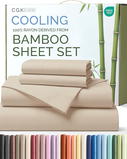 100% Rayon Derived From Bamboo - Bamboo Sheets Cal King Size - Cooling Sheets for Cal King - Soft, Breathable & Hotel Luxury Bedding - 1 Flat & 1 Fitted & 2 Pillowcases w/ 16 Inch Deep Pockets - Wheat