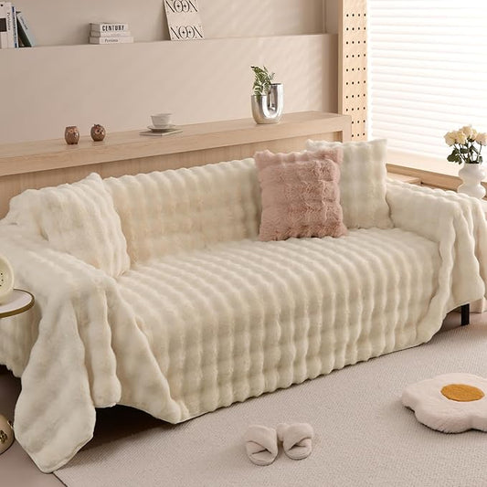 HANDONTIME Shaggy Couch Cover for Dogs Rabbit Plush Loveseat Cover Dog Couch Cover Protector Plush Faux Fur Couch Covers for Sectional Sofa Cozy Washable Sofa Covers for Living Room, 71" X150", Beige