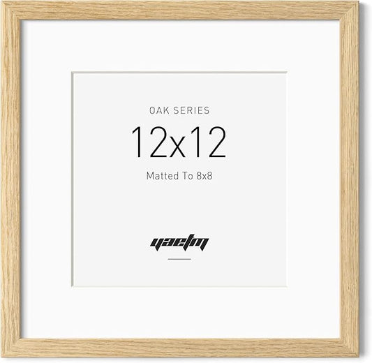 Yaetm Oak Wood 12x12 Picture Frame with Mat for 8x8, Natural Solid Wood 12x12 Square Frame with Tempered Glass for Wall mount (Single, Oak)