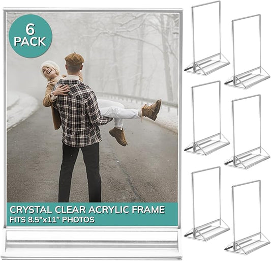 pbf 8.5x11 Acrylic Picture Frame Display Stand | 8.5 x 11 Vertical Clear Acrylic Sign Holder | Silver Photo Frame for Table Sign, Tabletop Wedding Sign, Menu, QR Code (6-Pack)