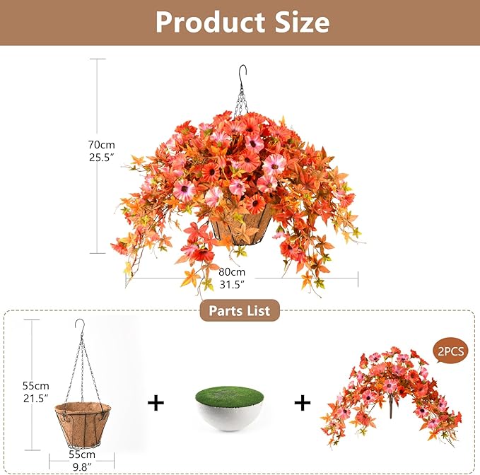 ZFProcess Artificial Flowers Hanging Basket Plants, Fake Petunias Fall Flower for Outdoor Decoration,Realistc Faux Silk Flower UV Resistant for Porch Patio Yard Garden Home Balcony (Double Orange)
