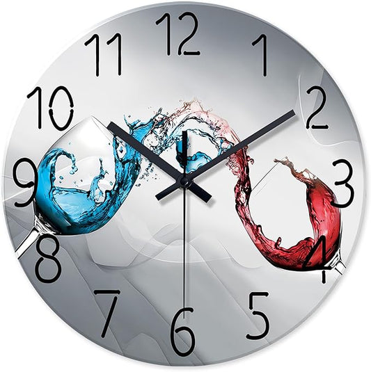 XFM Wall Clock Silent Non-Ticking Battery Operated Dining Room Clocks 12 Inch Blue & Red Wine Cups Modern Decorative Clock for Office Home Living Room Kitchen Pub Bar Decor