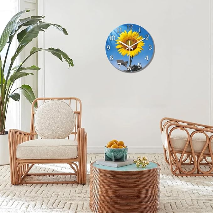 XFM Sunflower Wall Clock 12 Inch Silent Non Ticking Battery Operated Clocks Decorative Yellow Flower Clock for Kitchen Living Room Office