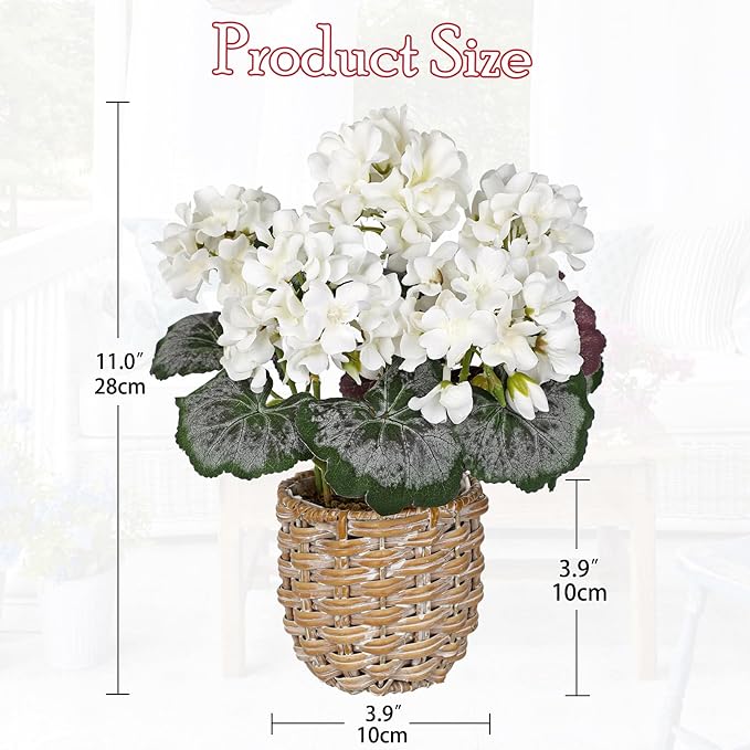 Briful Artificial White Geranium Flowers in Woven Basket, 11’’ Tall Silk Flower Arrangement, Realistic Geraniums Artificial Outdoor Plants for Home Indoor Farmhouse Table Wedding Centerpiece Decor
