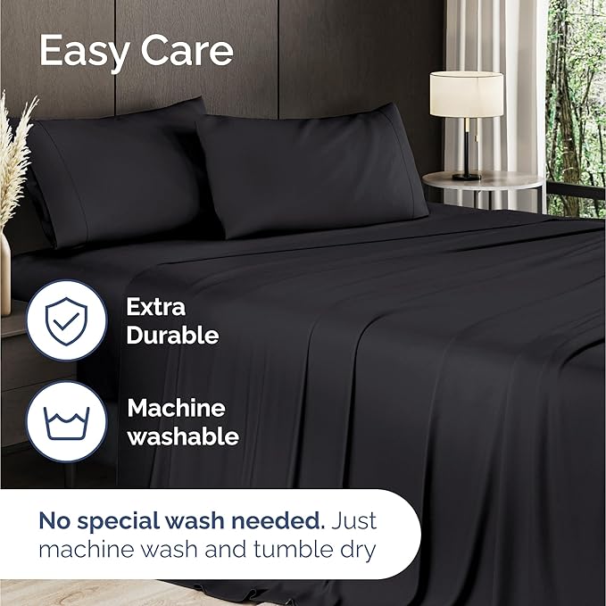 100% Rayon Derived From Bamboo - Bamboo Sheets Cal King Size - Cooling Sheets for Cal King - Soft, Breathable Hotel Luxury Bedding - 1 Flat & 1 Fitted & 2 Pillowcases w/ 16 Inch Deep Pockets - Black