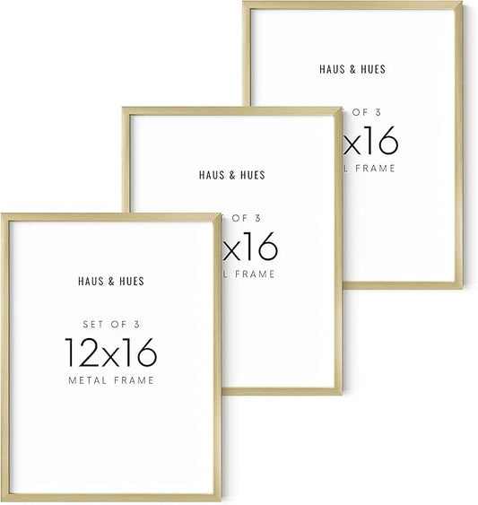 HAUS AND HUES 12x16 Gold Picture Frames - Modern Aluminum Wall Art Display - Lightweight 12x16 Frames for Posters, Prints, Photos - Ready-to-Hang Vertically & Horizontally (Set of 3)