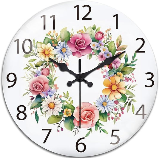 peacoblue Wall Clocks Battery Operated 12 Inch Wreaths Glass Round Wall Clock Non Ticking for Kitchen Living Room Dining Room Bedroom and Bathroom Decor Accessories (Battery not Included)