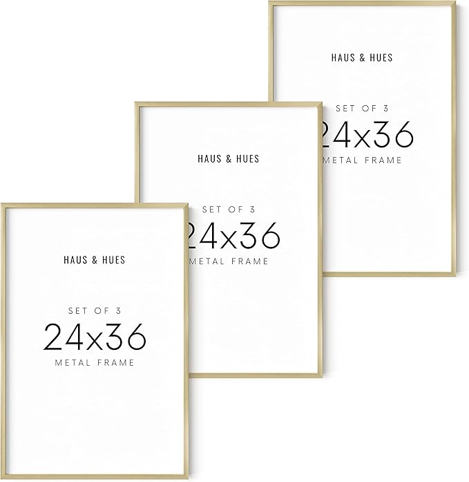 HAUS AND HUES 24x36 Gold Picture Frames - Modern Aluminum Wall Art Display - Lightweight 24x36 Frames for Posters, Prints, Photos - Ready-to-Hang Vertically & Horizontally (Set of 3)