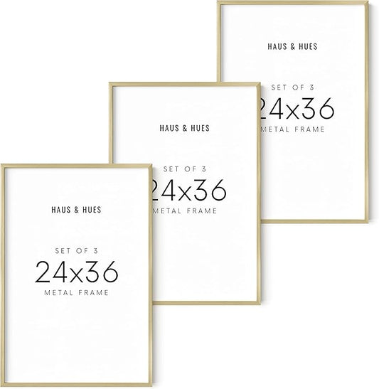 HAUS AND HUES 24x36 Gold Picture Frames - Modern Aluminum Wall Art Display - Lightweight 24x36 Frames for Posters, Prints, Photos - Ready-to-Hang Vertically & Horizontally (Set of 3)