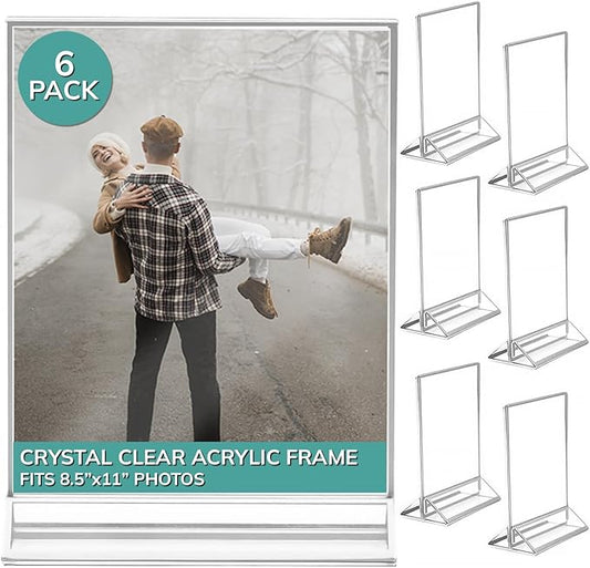 pbf 8.5x11 Acrylic Picture Frame Display Stand | 8.5 x 11 Vertical Clear Acrylic Sign Holder | Clear Photo Frame for Table Sign, Tabletop Wedding Sign, Menu, QR Code (6-Pack)