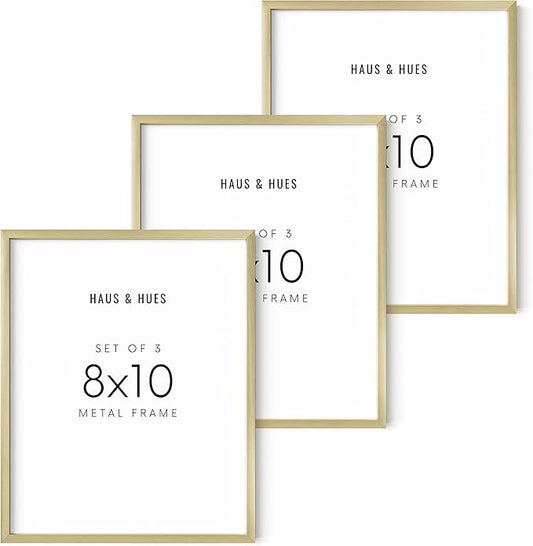 HAUS AND HUES 8x10 Gold Picture Frames - Modern Aluminum Wall Art Display - Lightweight 8x10 Frames for Photos, Prints, Posters - Ready-to-Hang Vertically & Horizontally (Set of 3)