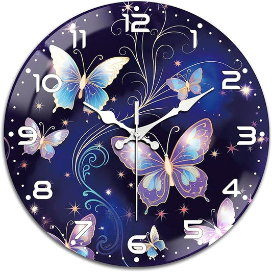 peacoblue Wall Clocks Battery Operated 12 Inch Butterfly Glass Round Wall Clock Non Ticking for Kitchen Living Room Dining Room Bedroom and Bathroom Decor Accessories (Battery not Included)