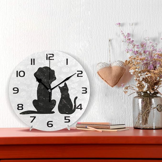 Qilmy Dog and Cat Wall Clock Silent Non Ticking Oil Painting Round Clock for Living Room Bedroom Bathroom Home Decor