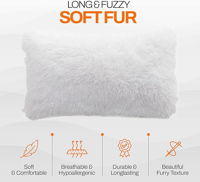 Cheer Collection Throw Pillows for Couch and Bed, Soft Shaggy Throw Pillows with Inserts Included, Cozy Long Hair Faux Fur Pillows - Set of 2-12" x 20" - White