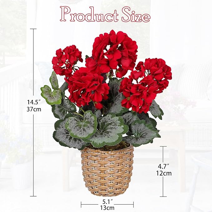 Briful Artificial Red Geranium Flowers in Woven Basket, 14.5’’ Tall Silk Flower Arrangement, Realistic Geraniums Artificial Outdoor Plants for Home Indoor Farmhouse Table Wedding Centerpiece Decor