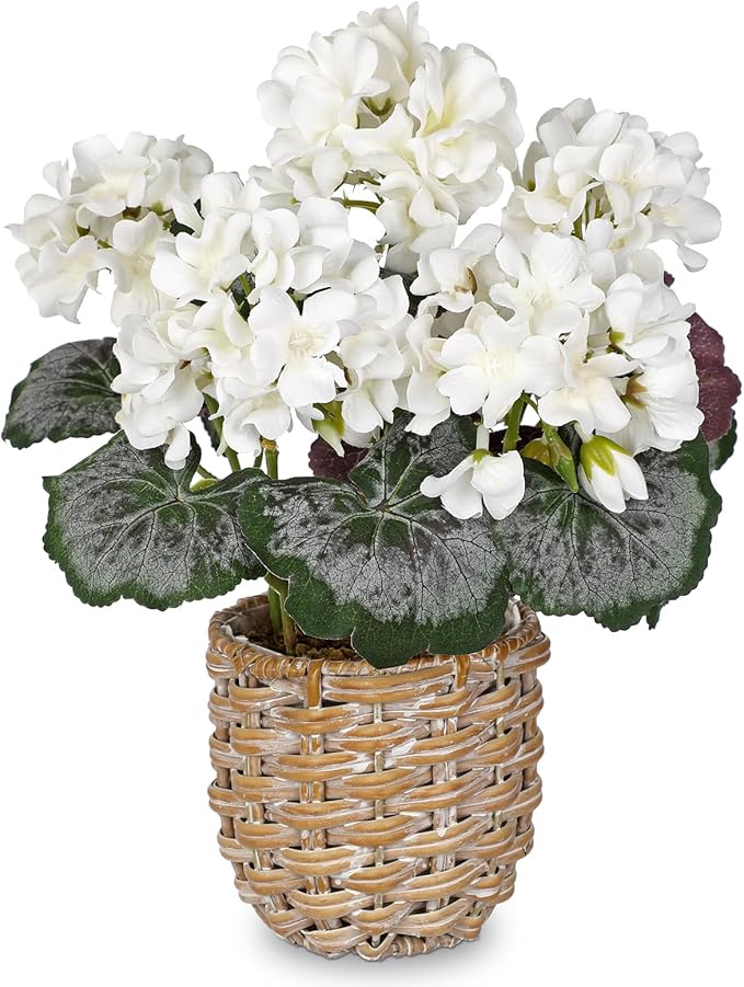 Briful Artificial White Geranium Flowers in Woven Basket, 11’’ Tall Silk Flower Arrangement, Realistic Geraniums Artificial Outdoor Plants for Home Indoor Farmhouse Table Wedding Centerpiece Decor
