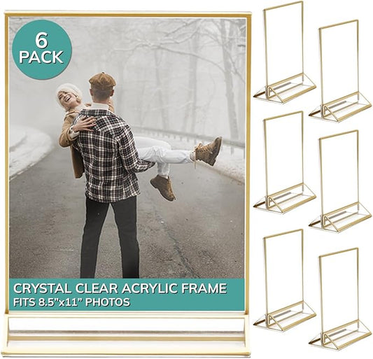 PBF 8.5x11 Acrylic Picture Frame Display Stand | Vertical Clear Sign Holder | Gold Photo Frame for Table, Tabletop Wedding, Menu, QR Code (6-Pack)