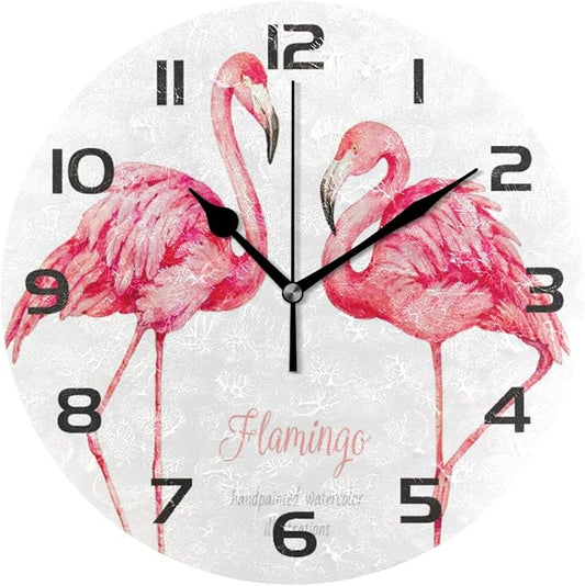 Qilmy Flamingo Wall Clock Non Ticking Silent Art Decorative Round Clock for Living Room Kitchen Bedroom Office School