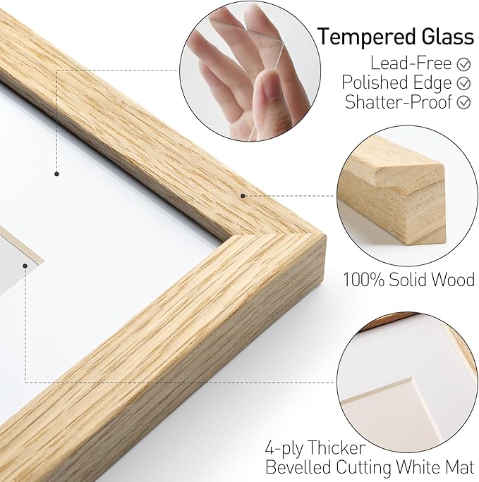 Yaetm 11x14 Oak Wood Picture Frame with Mat for 8x10, Natural Solid Wood 11x14 Frame with Tempered Glass for Wall Gallery & Home (Single, Oak)