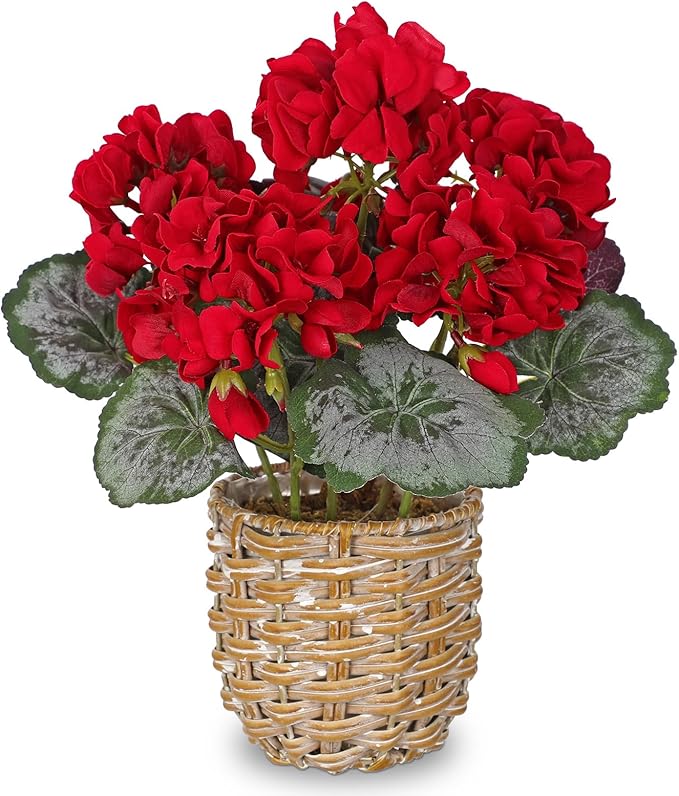 Briful Artificial Red Geranium Flowers in Woven Basket, 11’’ Tall Silk Flower Arrangement, Realistic Geraniums Artificial Outdoor Plants for Home Indoor Farmhouse Table Wedding Centerpiece Decor