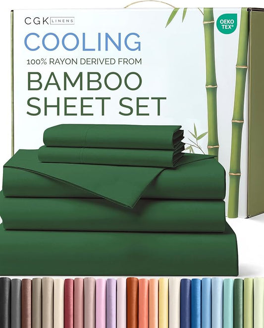 100% Rayon Derived From Bamboo - Sheets Split King Size - Cooling Sheets for Split King - Soft Hotel Luxury Bedding - 1 Flat & 2 Fitted & 2 Pillowcases w/ 16 Inch Deep Pockets - Emerald Green