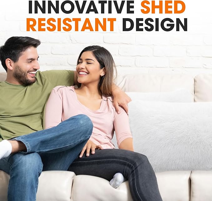 Cheer Collection Throw Pillows for Couch and Bed, Soft Shaggy Throw Pillows with Inserts Included, Cozy Long Hair Faux Fur Pillows - Set of 2-12" x 20" - White