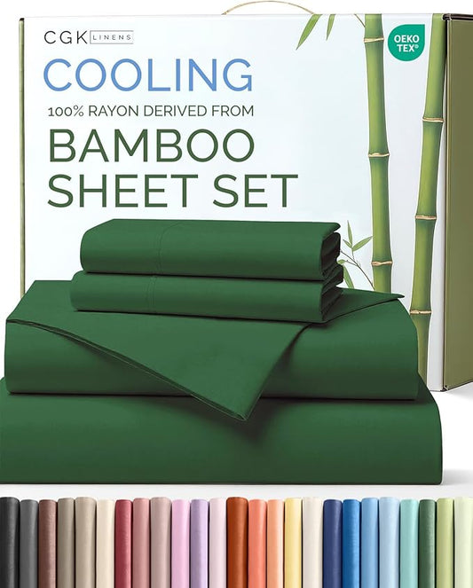 100% Rayon Derived From Bamboo - Bamboo Sheets Full Size - Cooling Sheets for Full - Soft, Breathable & Hotel Luxury Bedding - 1 Flat & 1 Fitted & 2 Pillowcases w/ 16 Inch Deep Pockets - Emerald Green