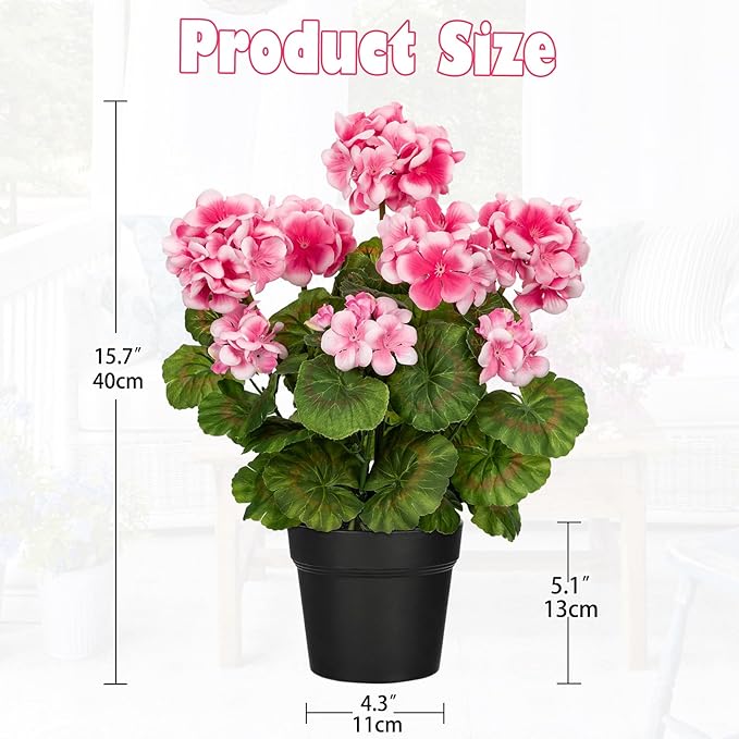 Briful Artificial Geranium Potted Plant – 16” Tall, Realistic Silk Flowers with Vibrant Green Leaves, Pink White Geraniums Fake Flowers for Outdoors Home Décor, Wedding Farmhouse Office Tables Decor