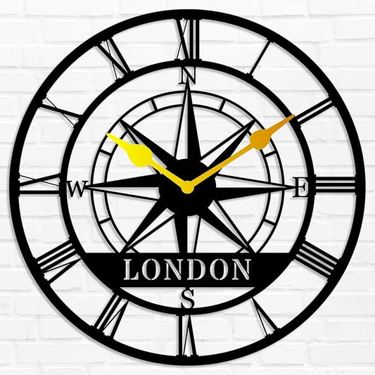 HZYCYYFC Custom Metal Last Name Compass Wall Clock Vintage Roman Numerals Wall Clock Housewarming Wedding Gifts Custom Wall Decor Gift