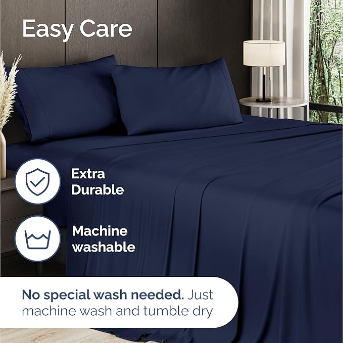 100% Rayon Derived From Bamboo - Bamboo Sheets Full Size - Cooling Sheets for Full - Soft, Breathable & Hotel Luxury Bedding - 1 Flat & 1 Fitted & 2 Pillowcases with 16 Inch Deep Pockets - Navy Blue