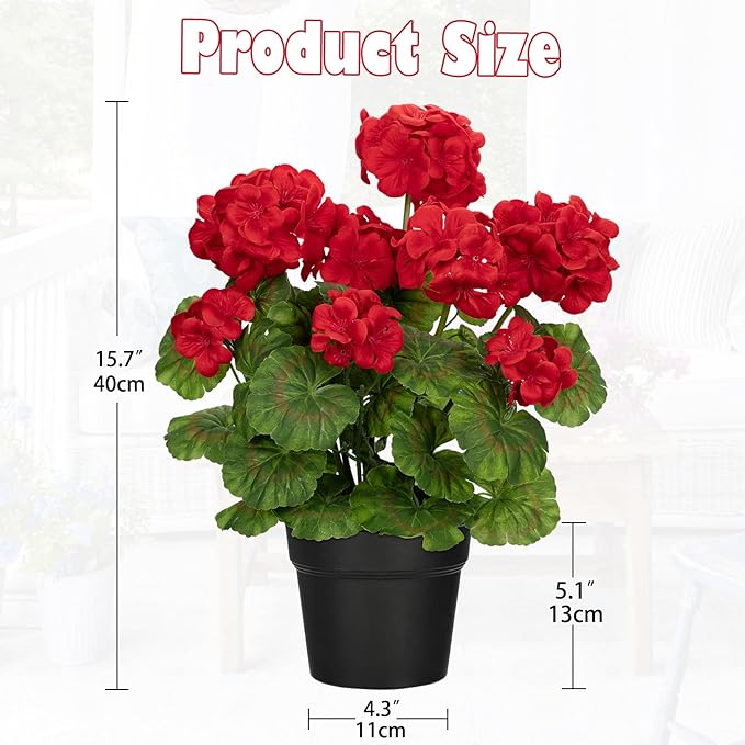 Briful Artificial Geranium Potted Plant – 16” Tall, Realistic Silk Flowers with Vibrant Green Leaves, Red Geraniums Fake Flowers for Outdoors Valentine's Day Home Décor, Farmhouse Office Tables Decor