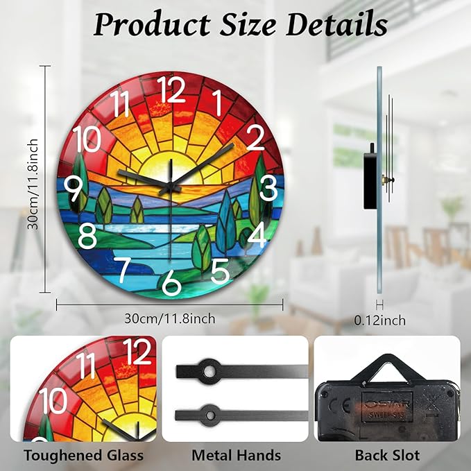 peacoblue Wall Clocks Battery Operated 12 Inch Bohemian Sunset Glass Round Wall Clock Non Ticking for Kitchen Living Room Dining Room Bedroom and Bathroom Decor Accessories (Battery not Included)