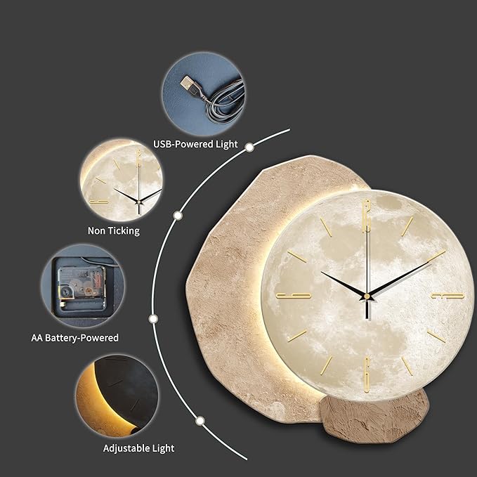 vrzpopi Silent Moon Wall Clock Non Ticking Battery Operated with Adjustable Night Light Operated by USB/Batteries for Living Room Bedroom Decor (Moon)