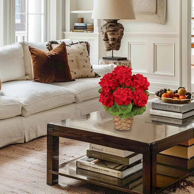 Briful Artificial Geraniums Flowers Potted Plant - 13.7'' Tall Faux Red Silk Realistic Lush Geraniums Flowers in Basket, Indoor&Outdoor Decorative Plant, Farmhouse Home Porch Office Patio Table