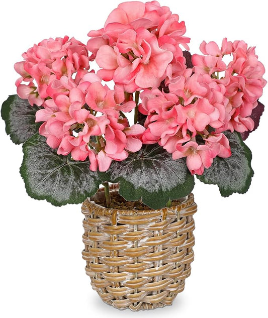 Briful Artificial Pink Geranium Flowers in Woven Basket, 11’’ Tall Silk Flower Arrangement, Realistic Geraniums Artificial Outdoor Plants for Home Indoor Farmhouse Table Wedding Centerpiece Decor