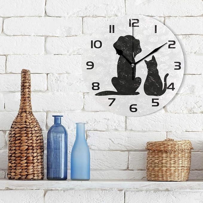 Qilmy Dog and Cat Wall Clock Silent Non Ticking Oil Painting Round Clock for Living Room Bedroom Bathroom Home Decor