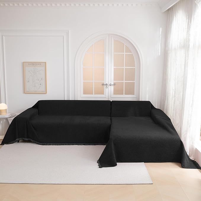 MYSKY HOME Couch Cover for Dogs Washable Couch Covers Couch Covers for Dogs Couch Cover 2 Cushion Sofa Non Slip Dogs Furniture Protector with Tassels Chenille Sofa Covers for Pets, 71"x102", Black