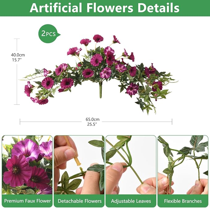 Artificial Fake Flowers Plants for Outdoors Spring Decoration, 2Pcs Faux Petunias with Greenery UV Resistant No Fade, Realistic Silk Flower for Outside Patio Planters Front Porch Window (Fuchsia)