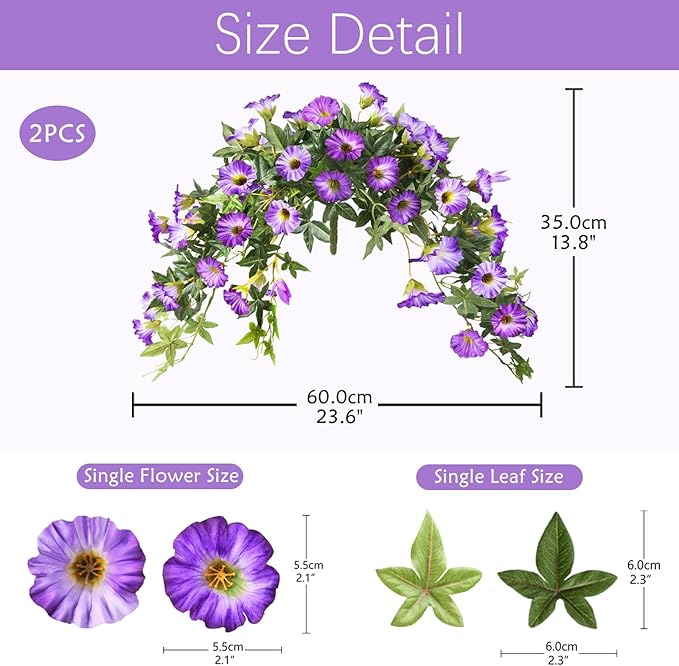 Artificial Fake Flowers Plants for Outdoors Spring Decoration, 2Pcs Faux Petunias with Greenery UV Resistant No Fade, Realistic Silk Flower for Outside Patio Planters Front Porch Window (Purple)