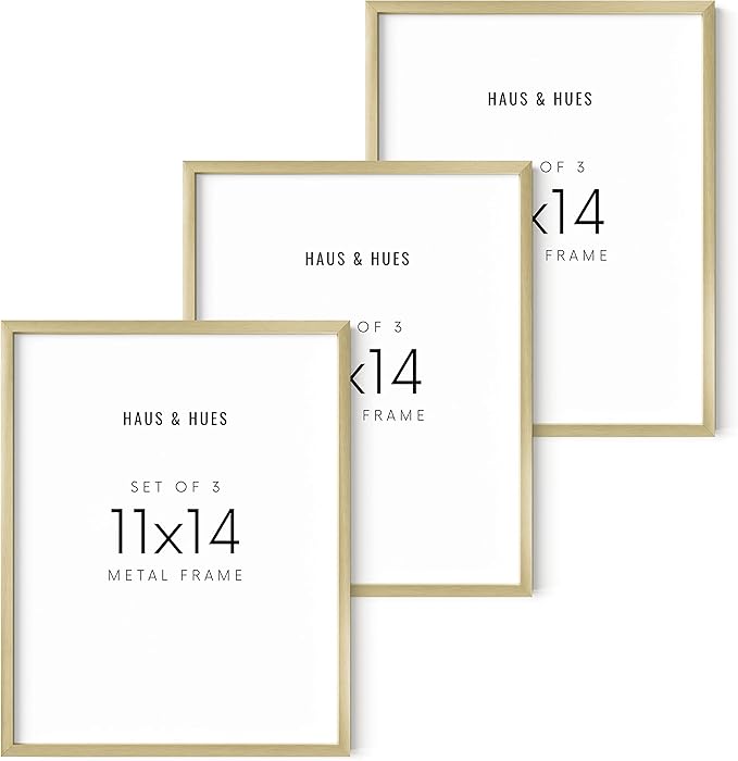 HAUS AND HUES 11x14 Gold Picture Frames - Modern Aluminum Wall Art Display - Lightweight 11x14 Frames for Certificates, Photos, Posters - Ready-to-Hang Vertically & Horizontally (Set of 3)
