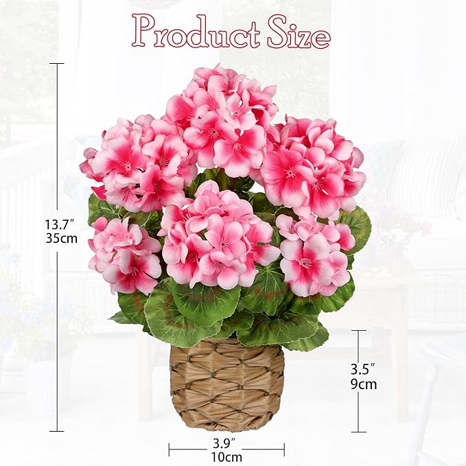 Briful Artificial Geraniums Flowers Potted Plant - 13.7'' Tall Faux Pink Silk Realistic Lush Geraniums Flowers in Basket, Indoor&Outdoor Decorative Plant, Farmhouse Home Porch Office Patio Table