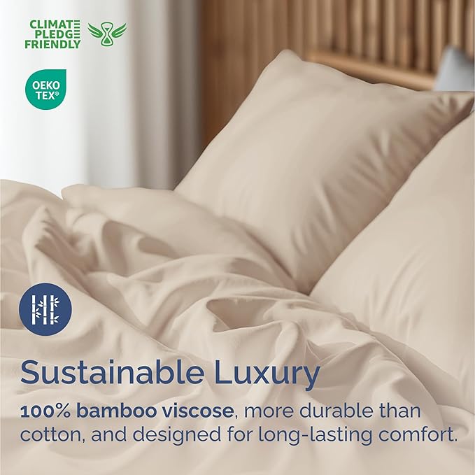 100% Rayon Derived From Bamboo - Bamboo Sheets Cal King Size - Cooling Sheets for Cal King - Soft, Breathable & Hotel Luxury Bedding - 1 Flat & 1 Fitted & 2 Pillowcases w/ 16 Inch Deep Pockets - Wheat