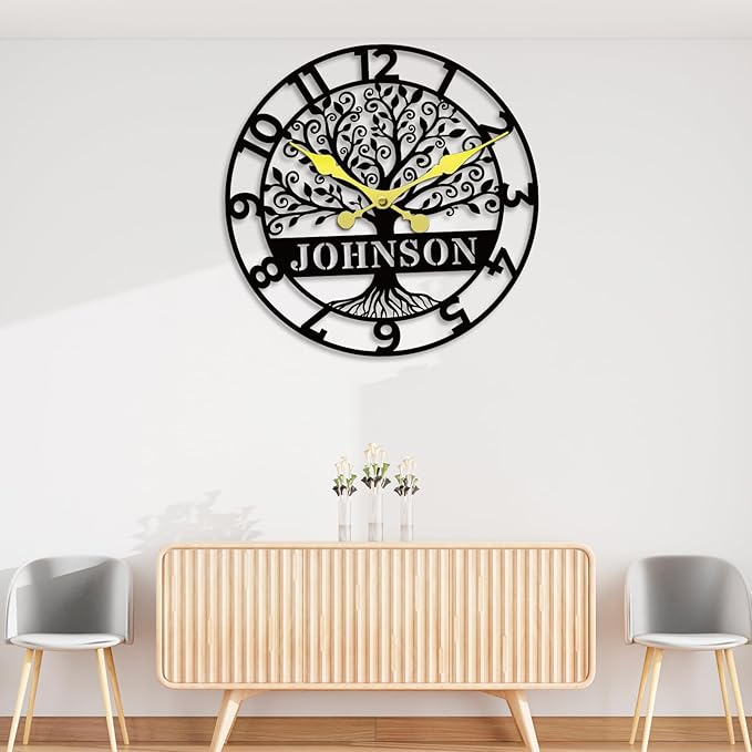 HZYCYYFC Personalized Metal Wall Clock with Tree of Life Design, Custom Family Name Clock, Decorative Steel Wall Art, Housewarming Gift, Living Room Bedroom Kitchen Home Decor