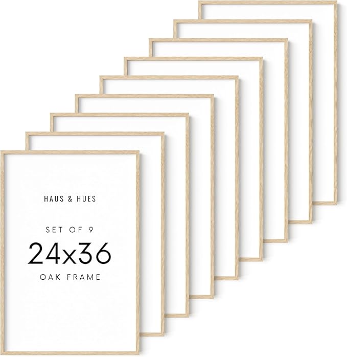 HAUS AND HUES Beige Oak Wood 24x36 Picture Frames - Modern Wood Wall Art Display - Lightweight 24x36 Frames for Art Prints, Photos, Posters - Ready-to-Hang Vertically & Horizontally (Set of 9)